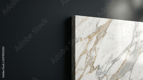 Minimalist luxury background with white marble slab and dark empty wall for product display