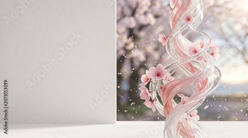 Product display podium with abstract glass ribbons and pink cherry blossoms in spring