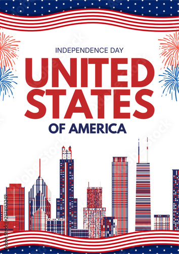 4th of July, Independence Day, USA cityscape, patriotic vector illustration, American flag colors