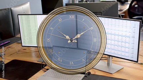 Gold rim clock overlay appearing over laptop, scaling and fading while hands rotating to show time