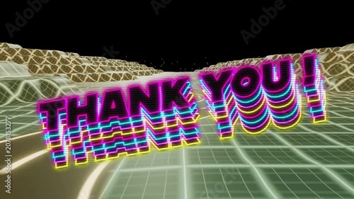 Camera dolly zooming neon THANK YOU! stacks appearing, pulsing tilting receding revealing lit road