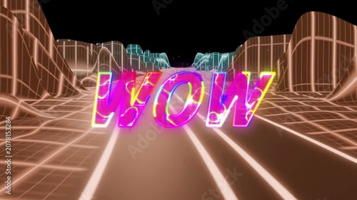 Neon-green fragment appearing, 3D WOW bursting, cycling hues and scaling on road, promoting brand