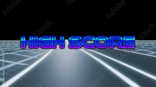 Blue bar rising at horizon forming HIGH SCORE title sliding in pulsing, fading back, announcing win