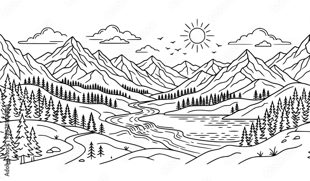 Fototapeta premium Elegant Mountain Landscape Line Art Background Black and White Vector Wallpaper Illustration