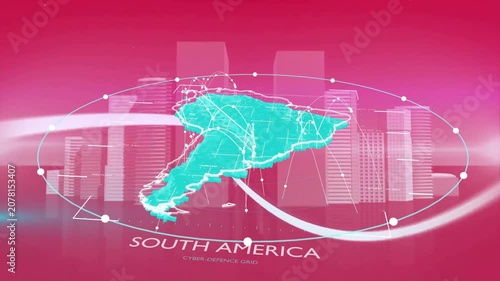 3D turquoise SA map animating as orbital ribbon starting arcs, pulsing nodes for cyber-defence-grid
