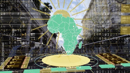 HUD activating, Africa hologram rising over urban street, network lines forming for POPIA