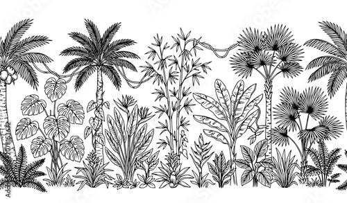 Cuadro en lienzo Seamless Tropical Jungle Border with Hand Drawn Palm Trees Black and White Line