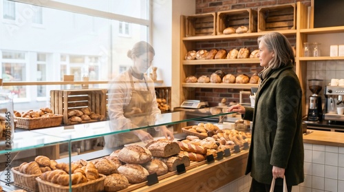 Skilled labor shortage concept: a translucent, vanishing saleswoman serves a waiting customer at a bakery counter