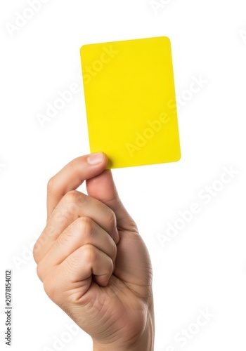 Hand holding a yellow card on white background