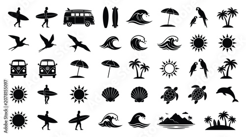 Set of black summer beach icons featuring surfboards waves palm trees sun and tropical animals