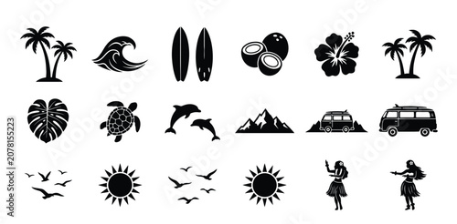 Set of black summer vacation icons featuring tropical plants surfboards animals and travel symbols