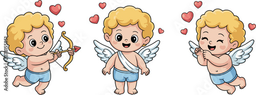 Foto Cute little cupid character vector set, Valentine's Day cherub angel with bow ar