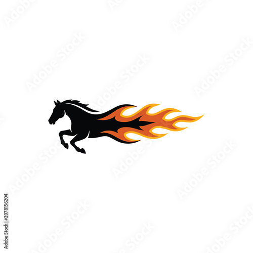 A black horse runs with flames on fire illustration