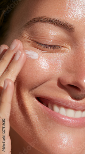 Portrait of a smiling young woman applying cream to her face. Concepts of beauty, skincare, sun protection, wellbeing and anti-ageing.