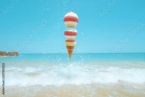 Summer concept. A giant ice-cream cone with three scoops of ice cream, suspended in the air.