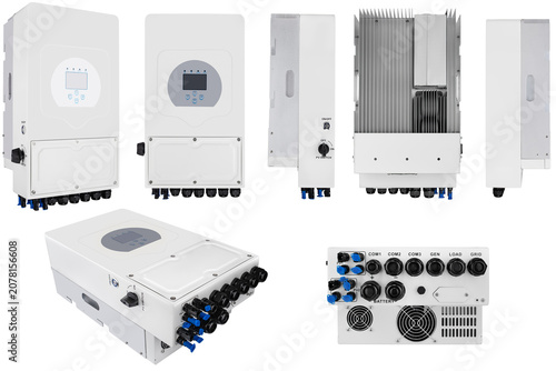 Wall-mounted power grid control apparatus with metal handles for transportation and mounting.