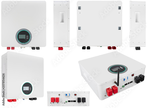Durable metal housing of backup power supply with recessed carrying handles.