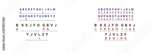 Φωτογραφία New Year cryptogram with substitution letters, coded phrase A fresh page begins
