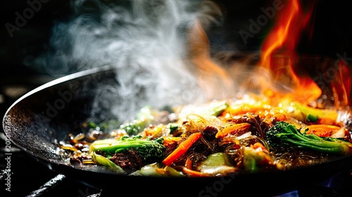Close up of a wok filled with colorful vegetables being cooked with flames
