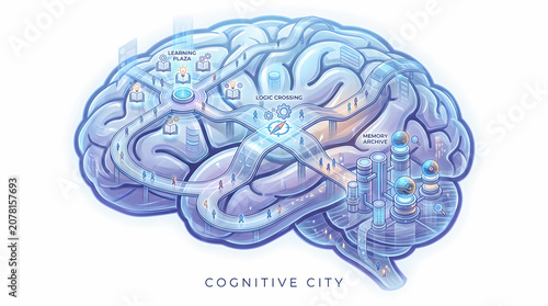 Minimalist cognitive city brain concept map on clean white background for World Brain Day neuroscience.