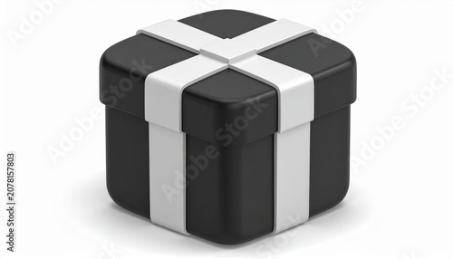 Small square black gift box with rounded edges, wrapped in white ribbon cross pattern, modern minimal design symbolizing celebration, surprise, and elegant simplicity…