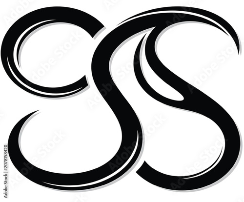 The artistic black brush lettering of 'SS' on a clean white background showcases elegant graphic design elements with bold strokes.