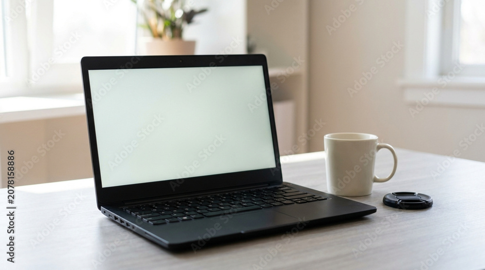 Fototapeta premium Digital literacy laptop computer technology workspace coffee cup office desk screen keyboard modern indoors table black device communication