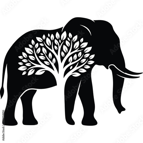 An elephant silhouette stands with a tree in front, showcasing nature and wildlife in a simple illustration.