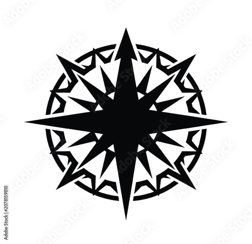 A stylized black compass rose illustration with Celtic knot design elements on a white background.