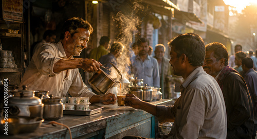 Traditional Indian Street Vendor Pouring Hot Steaming Chai Tea