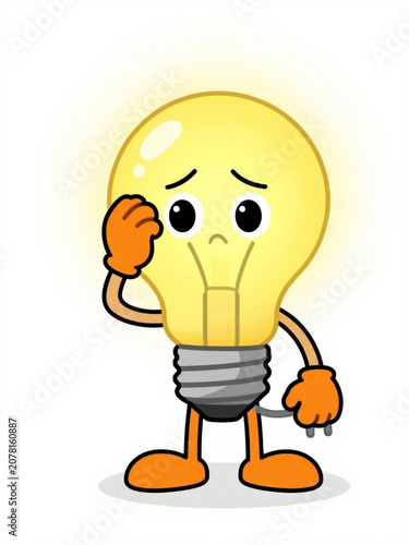 Cute cartoon lightbulb character, thinking face, yellow bulb, worried expression, simple illustration
