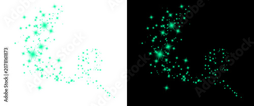 Emerald green magic dust trail, glowing sparkles on black and white background, ethereal glitter particles and shimmering light effects