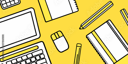 Fotografie Office Supplies Pattern With Laptop Notebook And Writing Utensils
