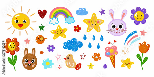 Cartoon Elements Including Sun Flowers And Rainbow Vector Illustration
