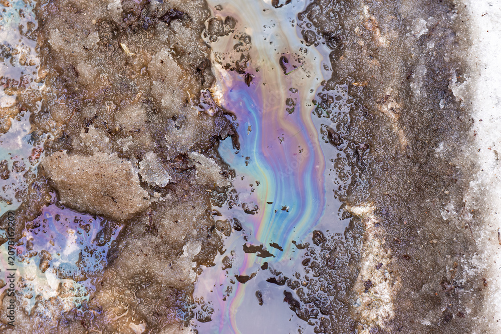 Naklejka premium Iridescent oil film floating on melting snow puddles, revealing chemical pollution and road grime remnants during the spring thaw on a city asphalt surface
