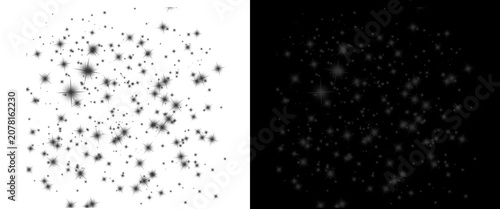 Foto Sparkling star dust particles on black and white backgrounds, glowing magic glit