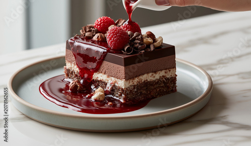 Pouring raspberry sauce over layered chocolate dessert with fresh berries