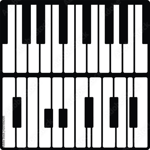 A close-up view of a musical instrument keyboard with black and white keys.
