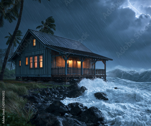 Coastal cabin surviving hurricane waves and lightning during violent stormy night