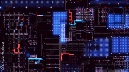 A futuristic electronic circuit element with neon lines and bright moving pulses creates an atmosphere of high technology and cyberspace. The animation is suitable for themes of cybersecurity and inno