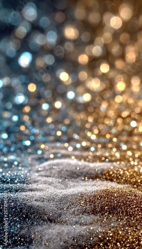 Silver, gold, and white bokeh light background with texture, New Yeara??s celebration ambiance, perfect for product display