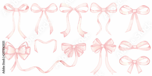 Watercolor pink ribbon bows collection on a white background decorative elements
