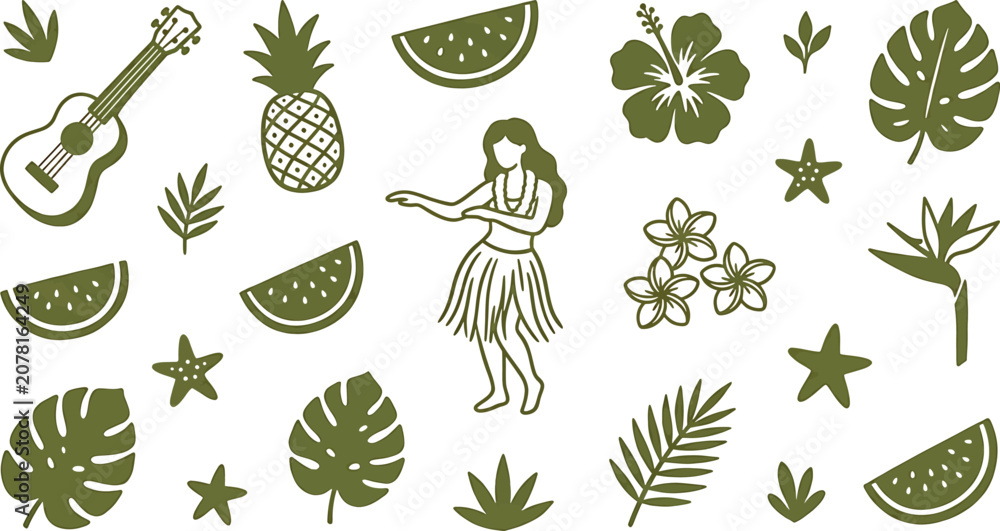 Fototapeta premium Set of tropical elements including hula dancer, ukulele, pineapple, watermelon slices, hibiscus flower, plumeria, monstera leaves, and starfish