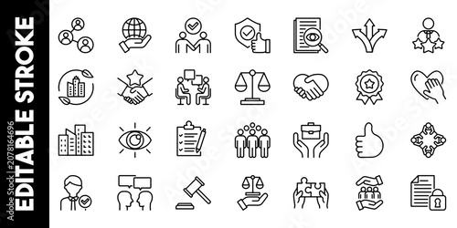 Schilderij op canvas Business Ethics Compliance Governance Line Icons Set Editable Vector Illustration Isolated on Transparent Background