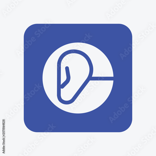 Ear hearing icon on a blue square background simple line art style