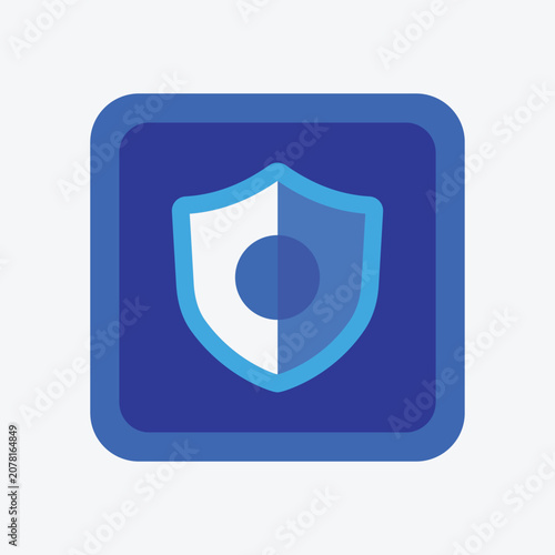 Shield with central circle flat vector icon on blue background