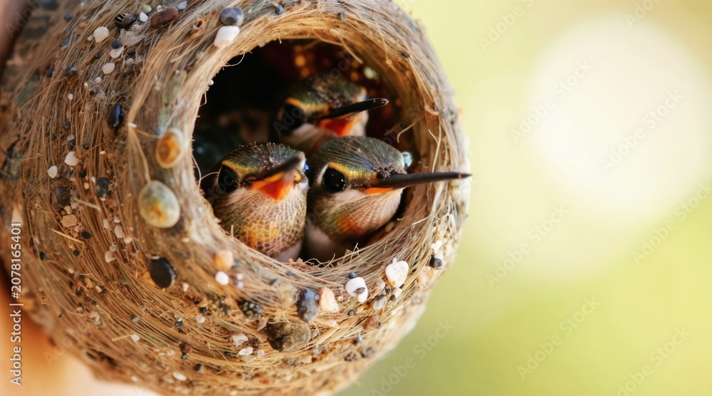 Fototapeta premium Macro view tiny hummingbird chicks inside intricate nest. Baby birds peek from woven structure with delicate features. Natural bokeh creates soft background. Wildlife photo shows fragile life cycle.