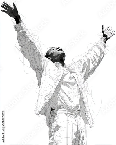 Single-line drawing animation of a full-length person raising hands in celebration of human rights and equality