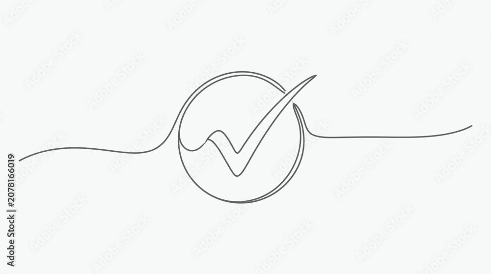 Obraz premium Continuous line drawing checkmark circle icon.