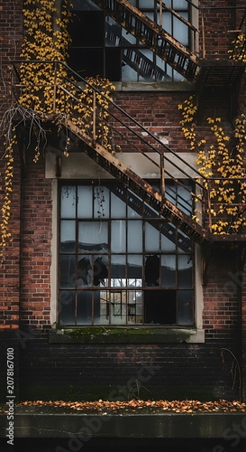 Urban Brick Building Exterior with Fire Escape and Autumn Foliage.